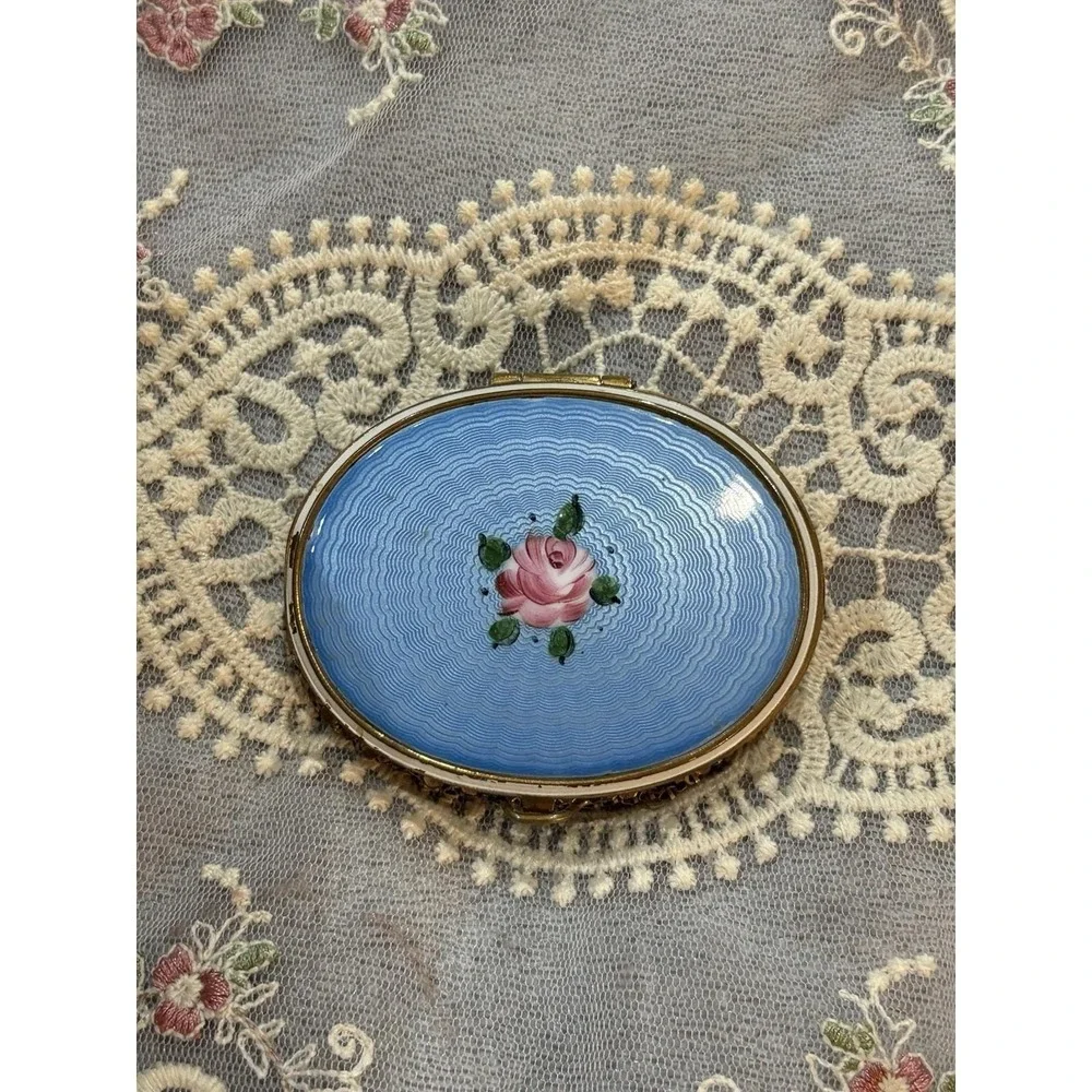 Vintage Guilloche Enamel Powder Compact Blue Pink Rose Gold Tone Vanity Mirror